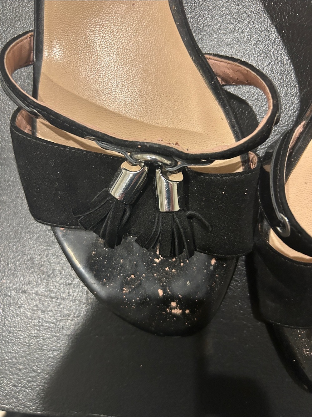 Stuart Weitzman Black and Beige Tassel Slide Sandals - Picture 4 of 5